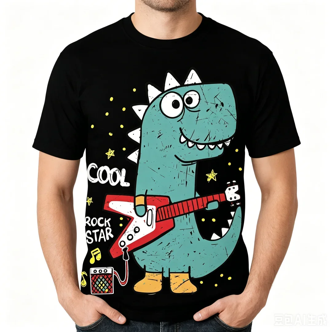 2026 Neues Rock-Dinosaurier-Print-T-Shirt Lustiges Cartoon-Tee Vintage Distressed Grafik-Oberteil Witziges Tier-T-Shirt Hip-Hop Casual T-Shirt