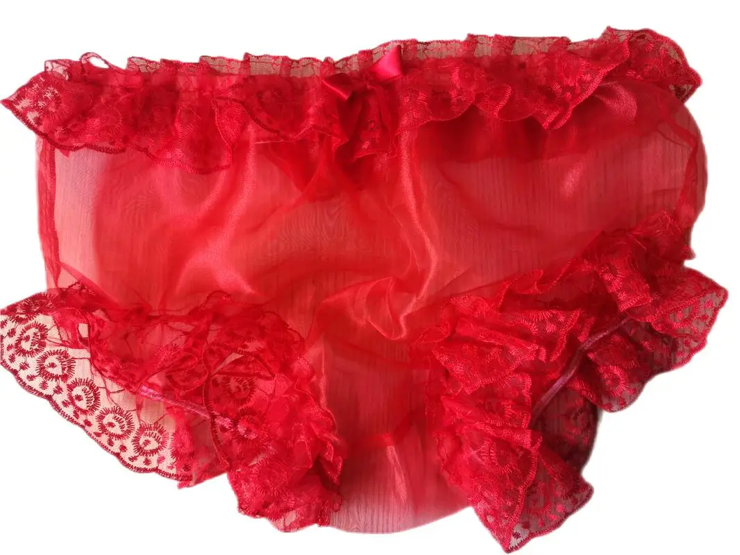 French Sexy Adult Customized Fetishist Crossdressing Sissy Red Transparent Mesh Elastic Waist Lace Lace Triangle Shorts