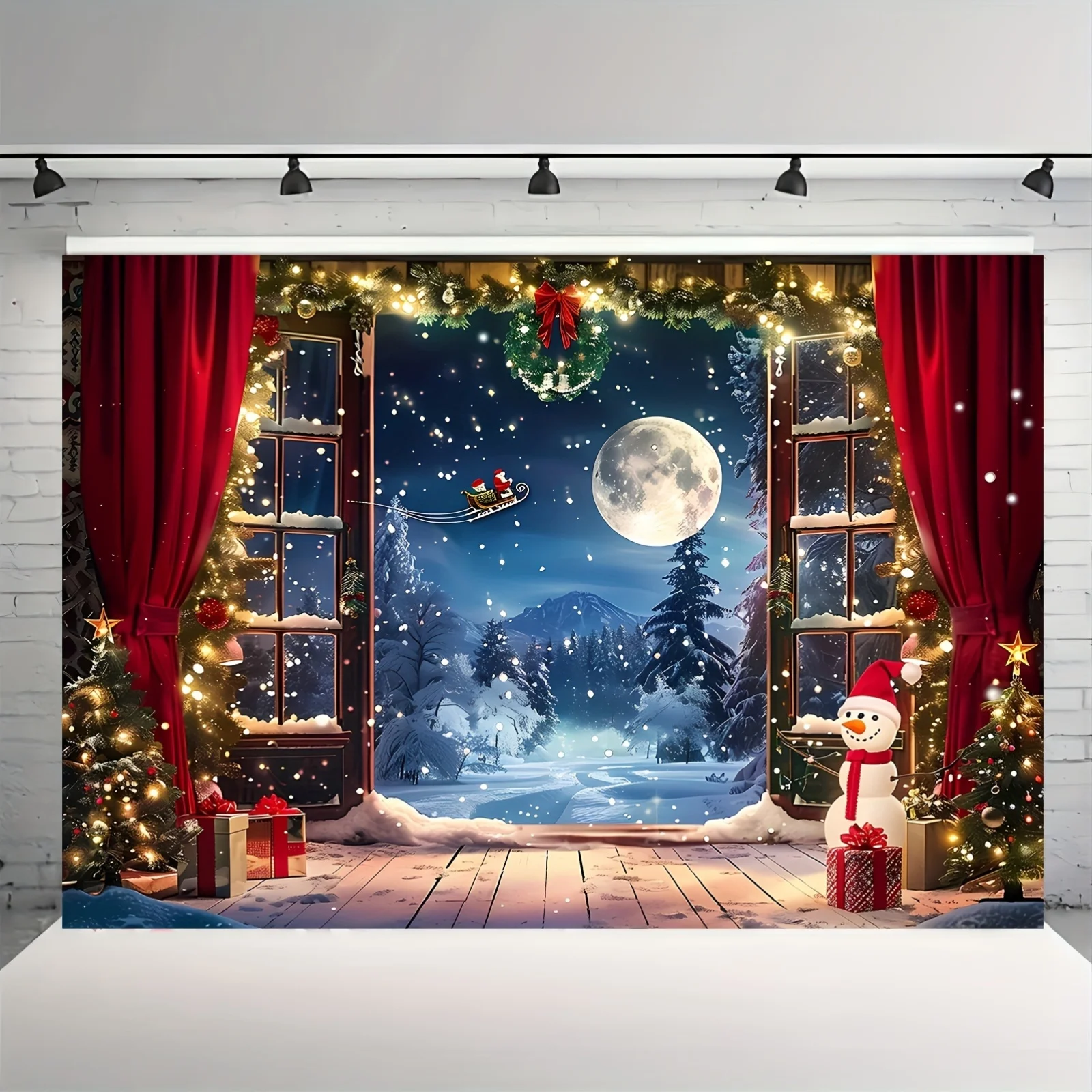 Christmas Winter Wonderland Background Cloth - Christmas Tree, Santa Claus, Snow and Moon Night Scene Photography Banner