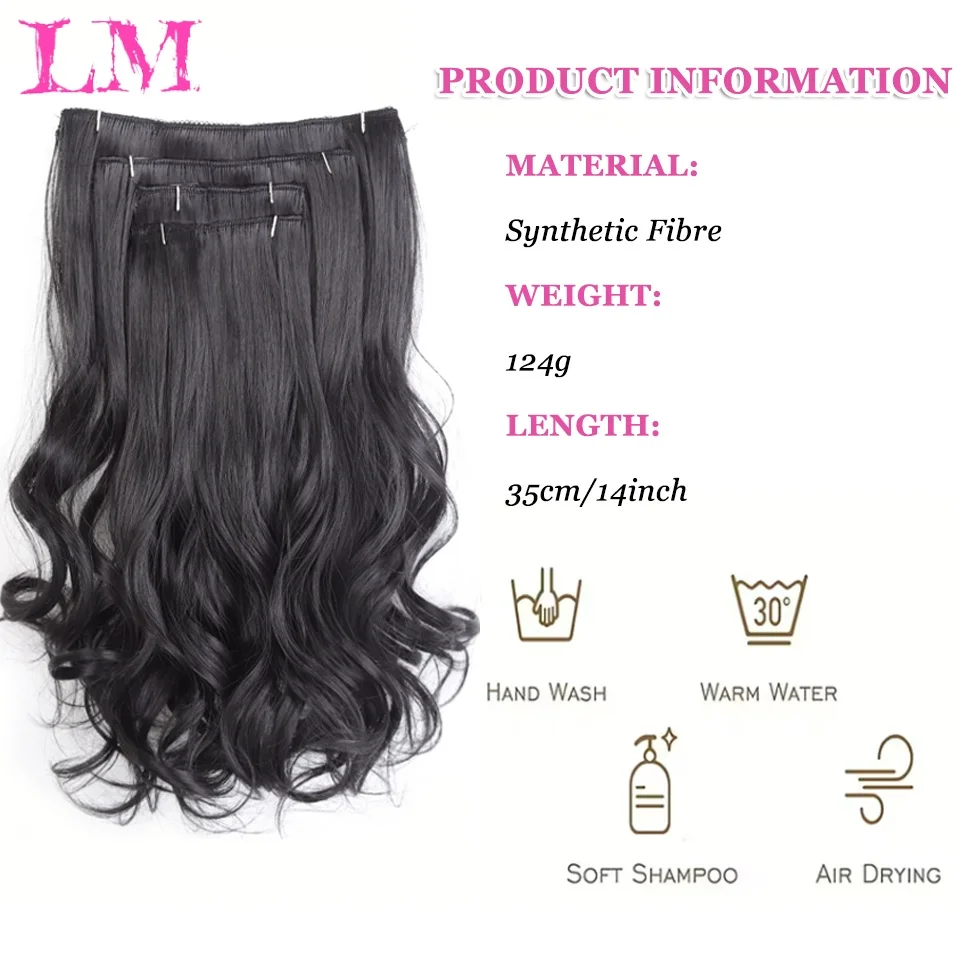 LM 14Inch 4pcs/Set Clip-In Natural Black Long Wavy Synthetic Fibers Hair Extensions, Suitable For Women And Girls Daily Use