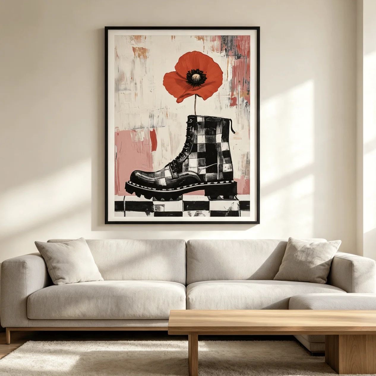 Checkered Boot Red Poppy Flower Canvas Wall Art Prints Posters Decor, Abstract Retro Poster for Bedroom, Living Room