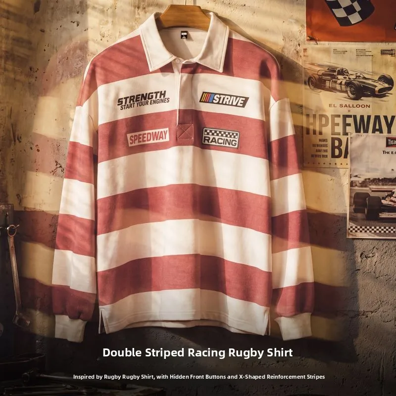 Maden Men's Long Sleeve Knitted Shirt Loose Fit Vintage Striped Base Layer Top Casual Style Polyester Fiber Autumn Season
