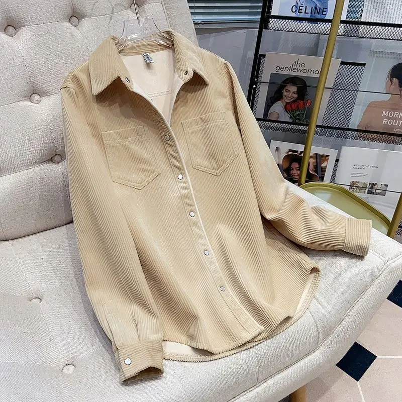 Thickened Fleece Women's Shirt Corduroy Loose Fit Warmth Solid Pockets Button Shirt One-piece Fleece Autumn Winter Outerwear