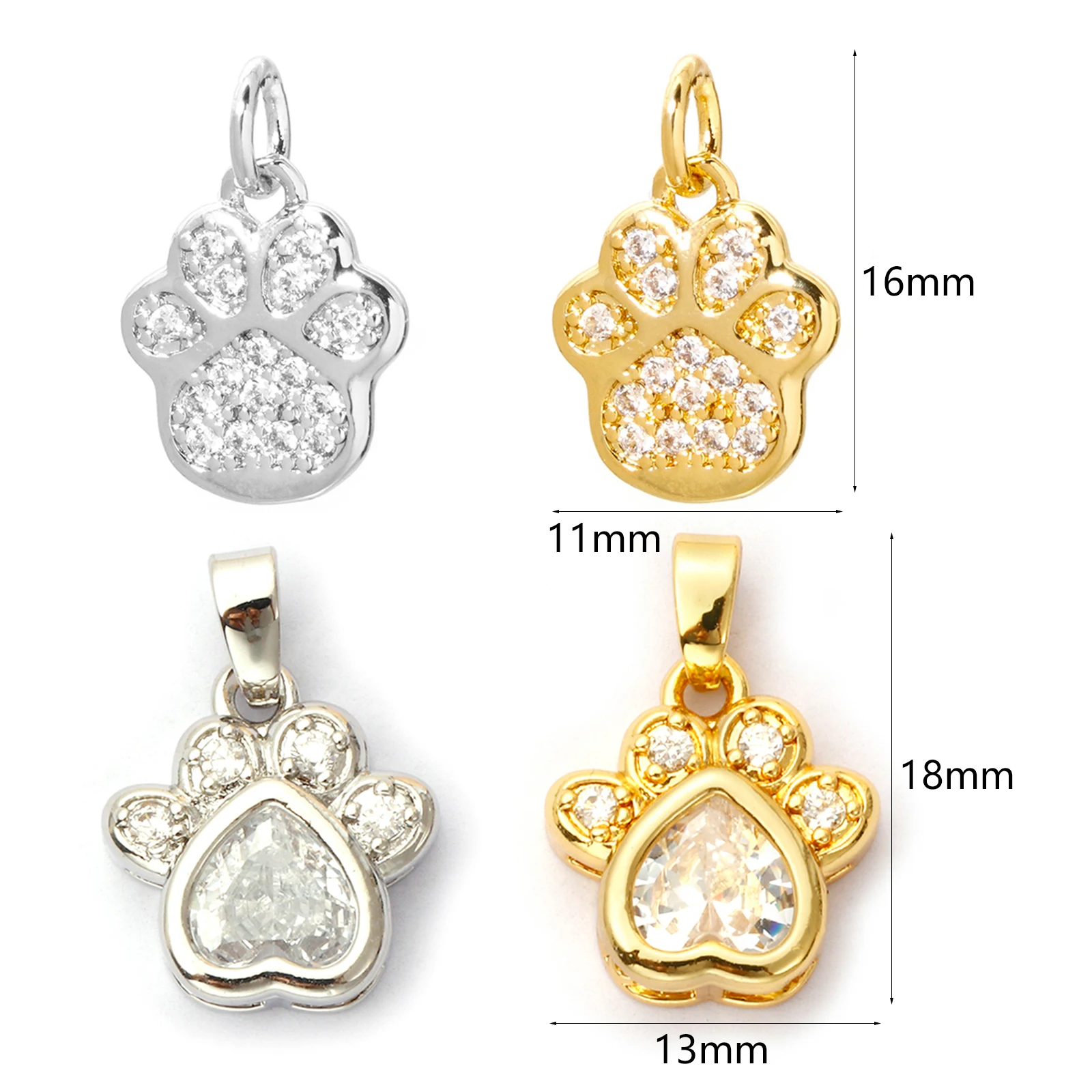 2pcs Mini Brass Charms Multicolor Dog Paw Claw Micro Pave Clear Cubic Zirconia Pendants DIY Necklace Earrings Jewelry 16mmx11mm