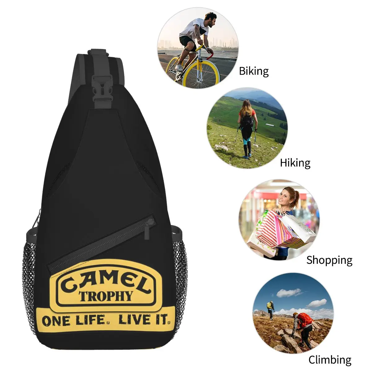 Bolsa de estilingue Troféu Camelo, One Life Live It, mochila tiracolo, mochila casual para caminhadas e viagem