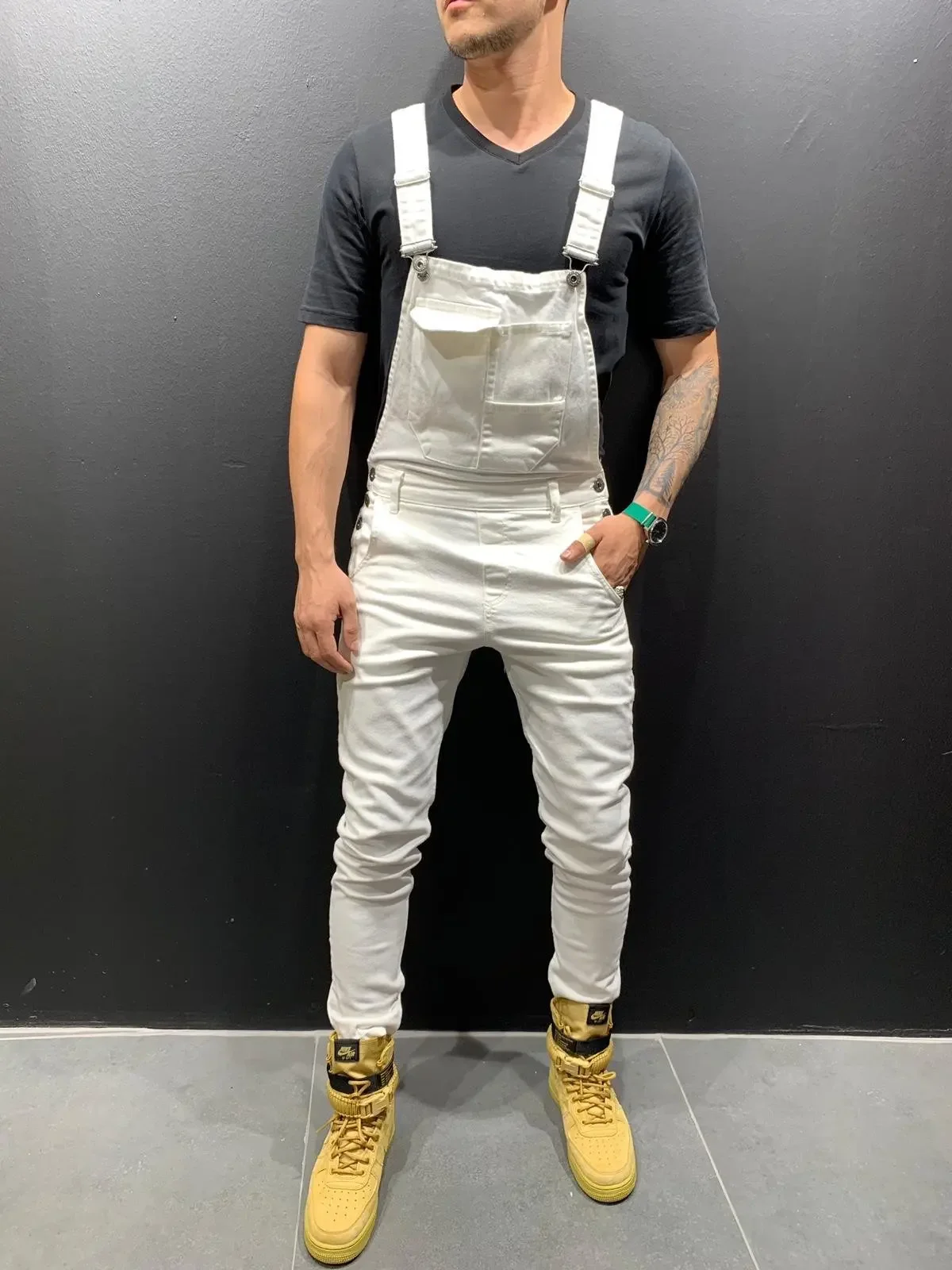 Men Denim Overalls Washed Pencil Ankle Length Trousers Slim Fit One Piece Jeans Pockets Casual Jumpsuit Vintage Suspenders