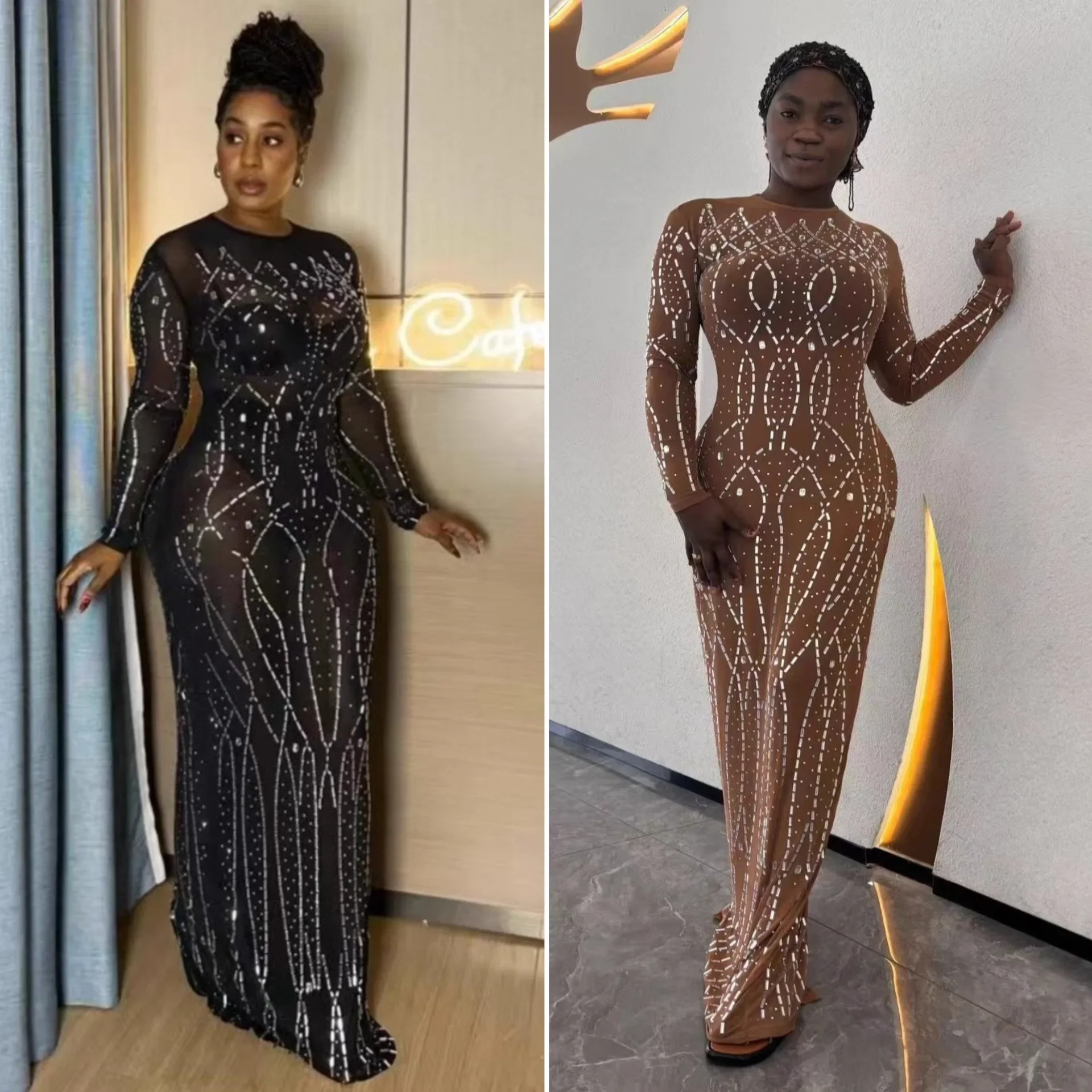 

2026 Spring Fashion Dashiki African Dresses for Women Long Sleeve O-neck Mesh Polyester Diamond Long Maxi Dress Africa Clothing