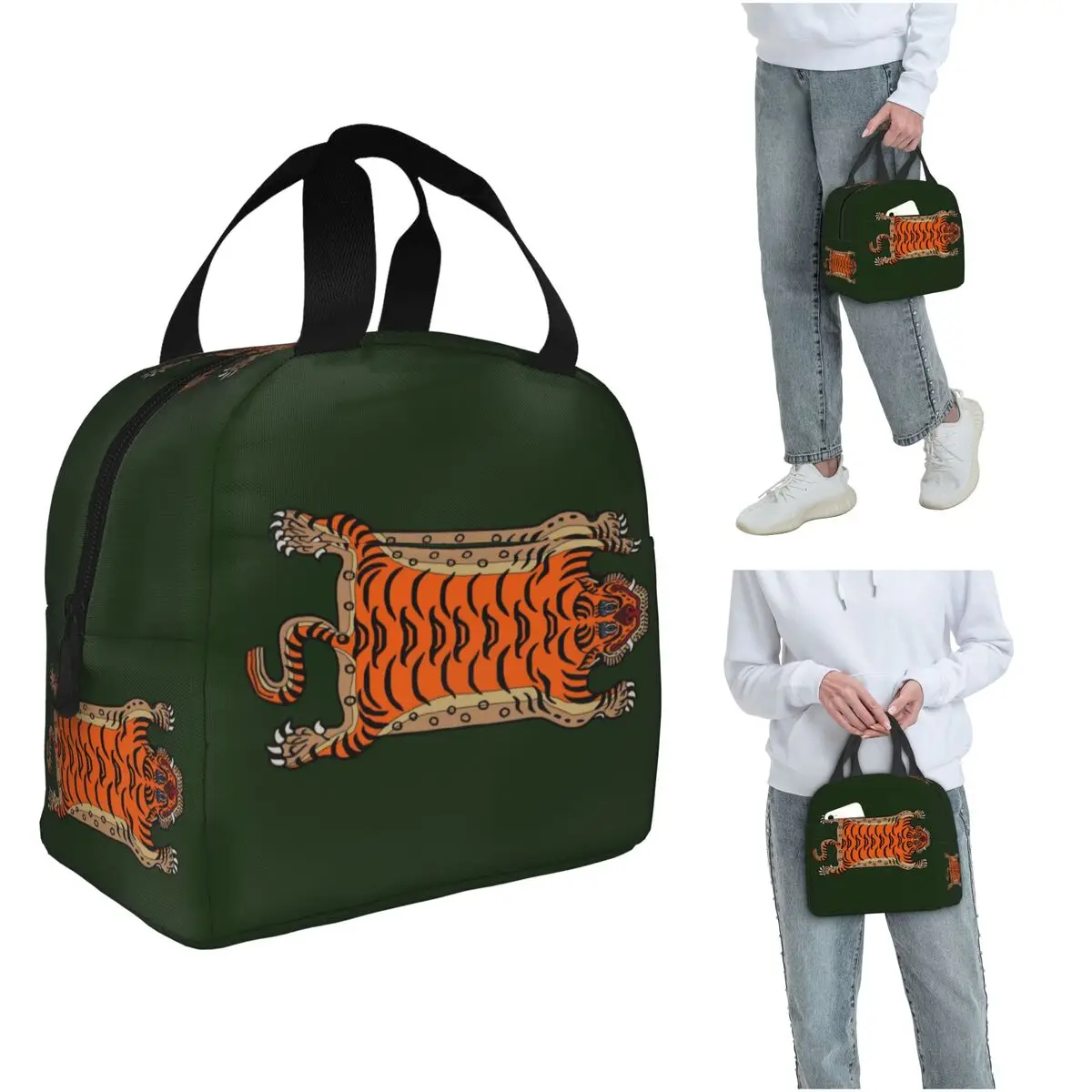 TIBETAN TIGER RUG-green Insulated Lunch Bag for Women Kids Portable Food Boxes Thermal Lunch Box Tote