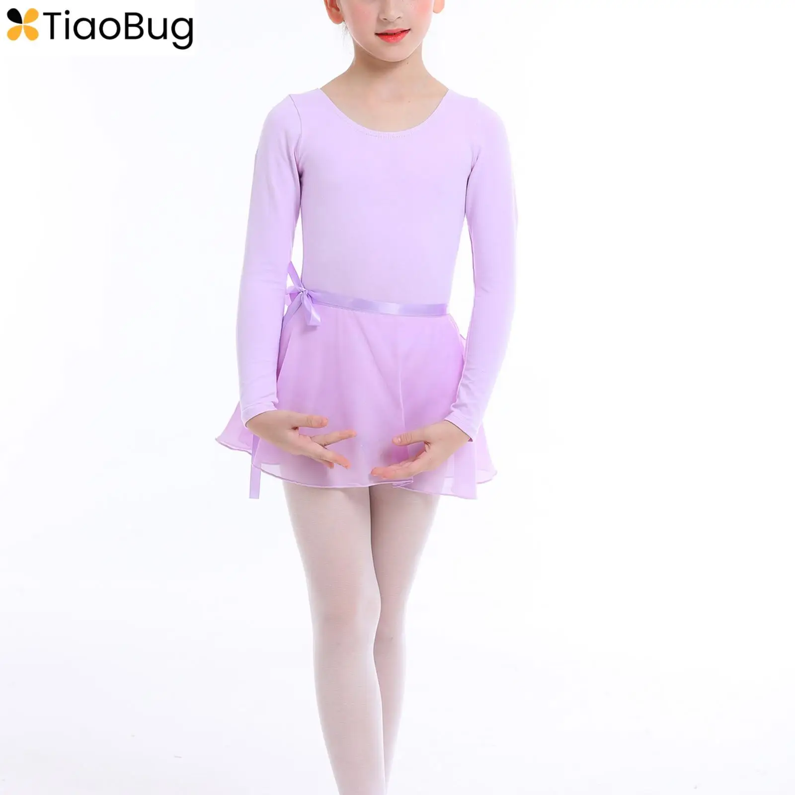 

Kids Girls Ballet Dance Dress Long Sleeve Gymnastics Leotard Bodysuit with Chiffon Tutu Wrap Skirt Ballerina Costume Dancewear