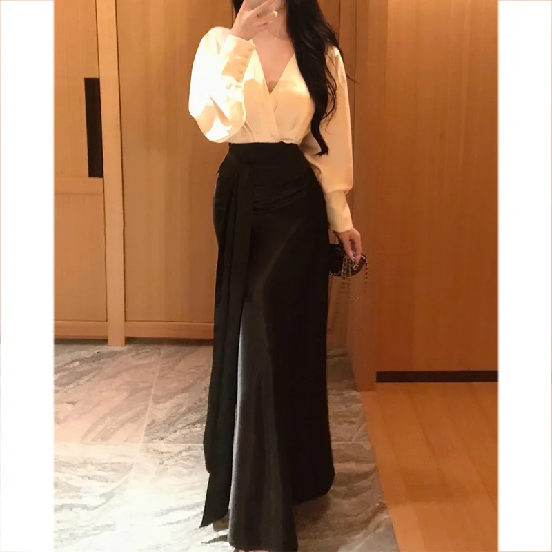 أنيقة الفرنسية هيبورن ملكة جمال كتلة اللون الخامس الرقبة Batwing كم قميص الخصر حزام التعادل طويلة الأكمام أعلى لخريف جديد وصول