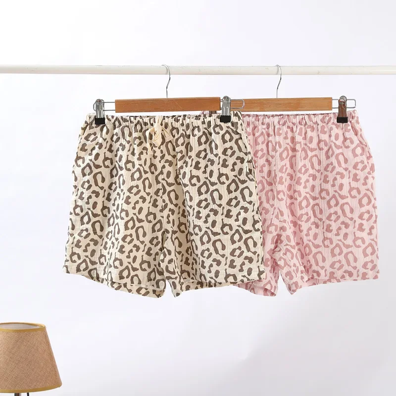 Summer new leopard print couple shorts cotton crepe women's thin soft and large size men's home pants cute shorts pajama shorts