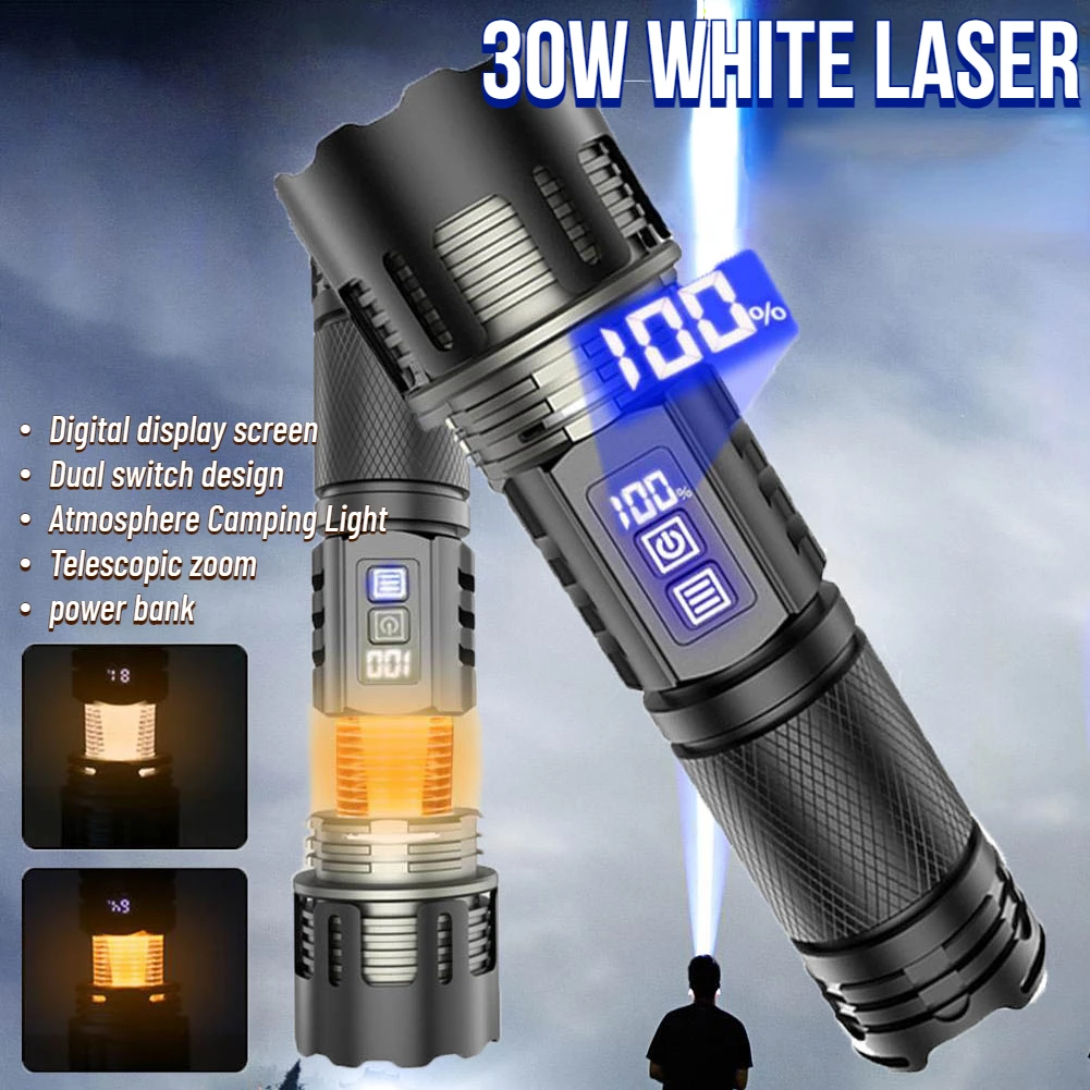 

30W White Laser LED Strong Light Long-distance Flashlight Telescopic Zoom Spotlight Digital Display Outdoor Portable Torch