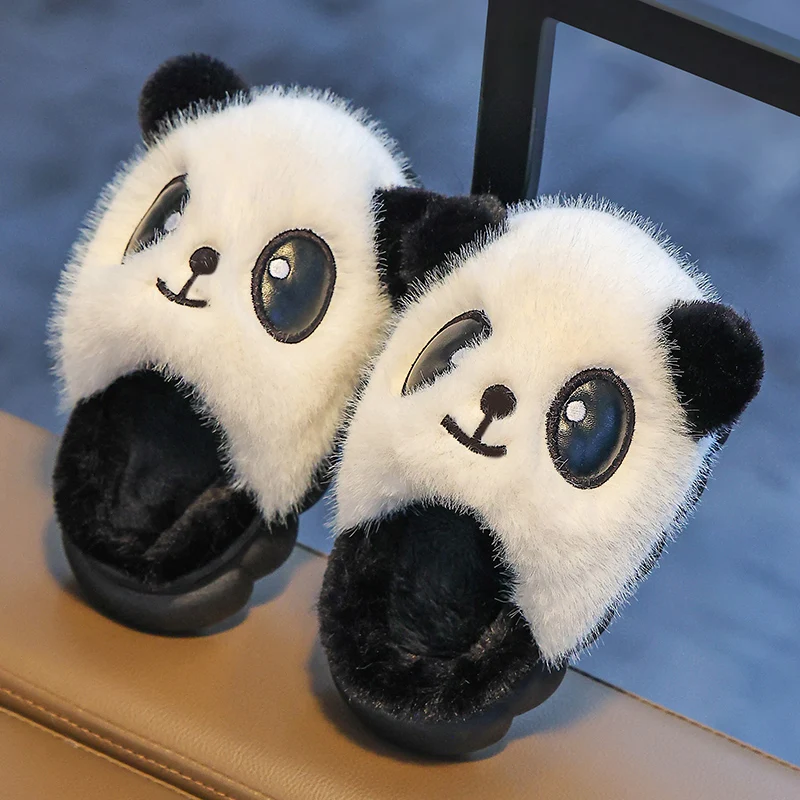 New Winter Warm Cute Cartoon Panda Indoor Mule Soft Non-slip Kids Fluffy Slippers For Boys And Girls Children Home Cotton Shoes