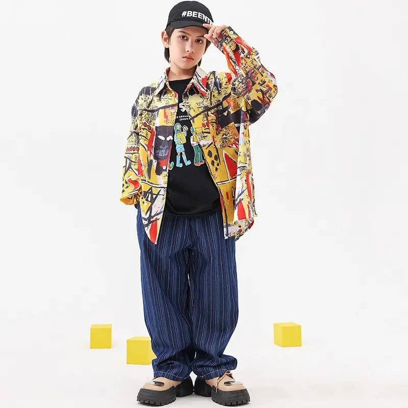 Boy Clothes Hip Hop Outfit Yellow Print Graffiti Shirt Top Striped Jeans 2pcs Child Jazz Dance Set Teen Streetwear Stage Costume