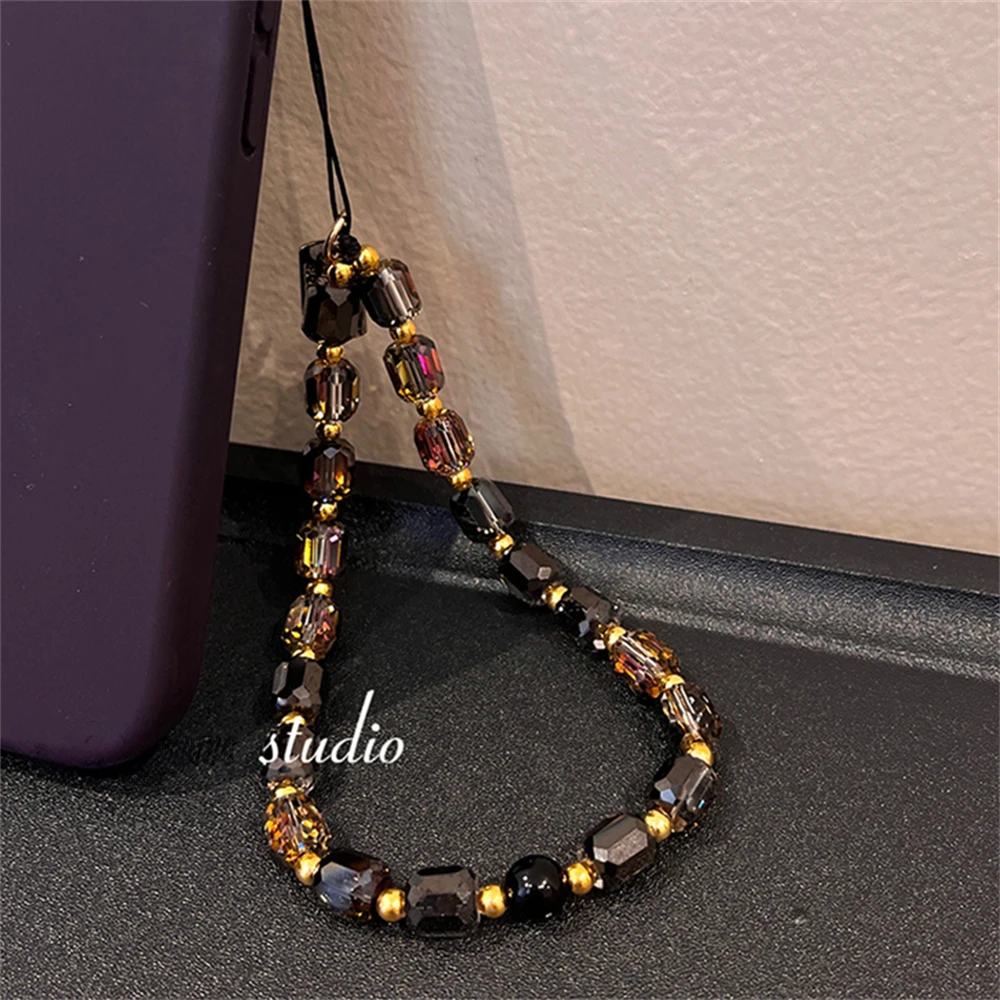 Luxury Black Gold Crystal Phone Chain Strap Bead Korean Bracelet For iPhone Samsung Accessories Hanging Rope Pendant Jewelry