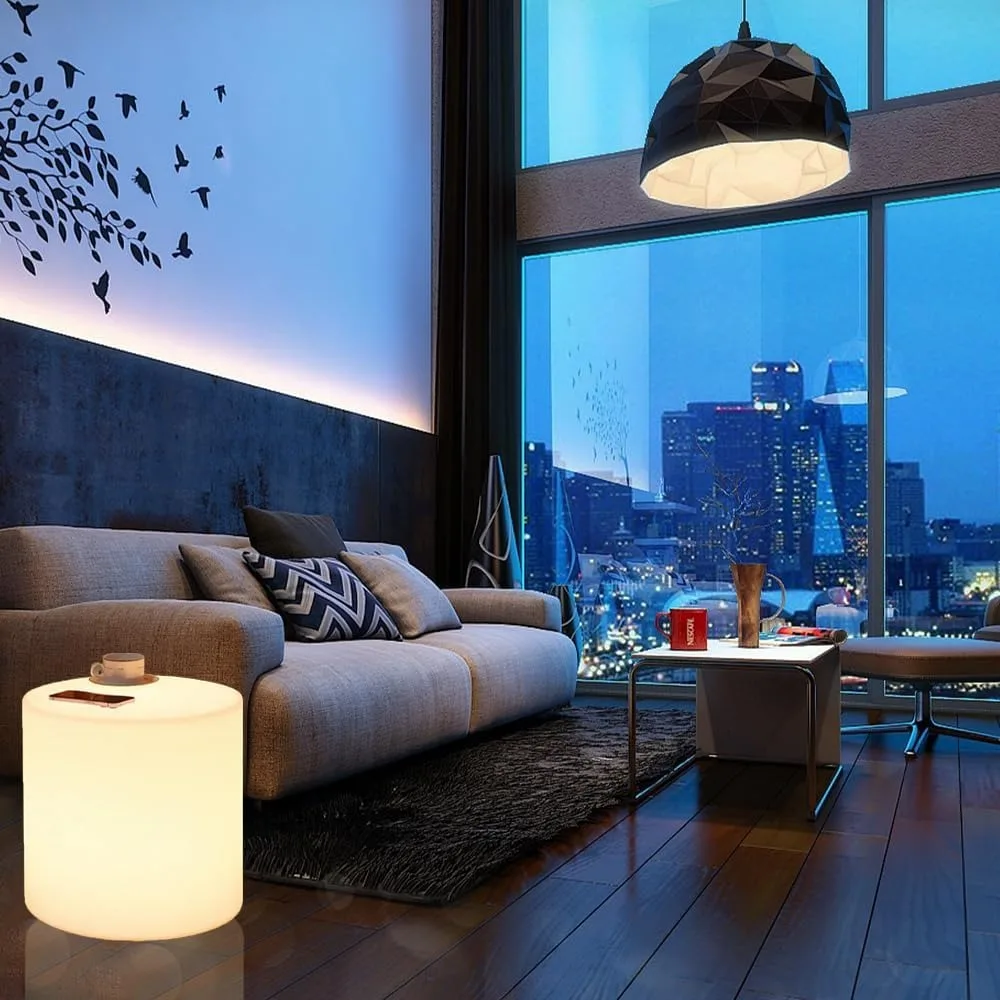 Tamborete de cilindro LED de 16 polegadas, cadeira brilhante LED recarregável com controle remoto, regulável 16 cores RGB mudando versátil assento lateral / mesa LED