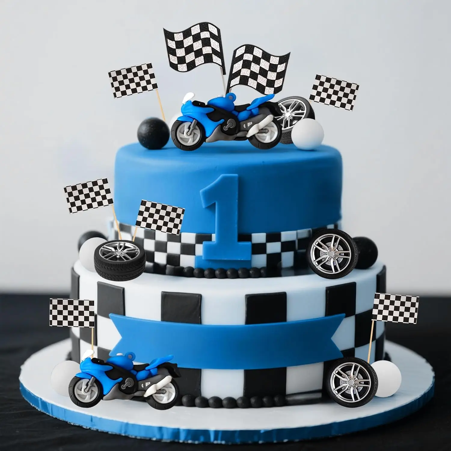 23-teiliges Motorrad-Kuchendekorations-Set, Mini-Motorrad-Reifen Schachbrettmuster-Flaggen, Rennthema-Kuchendeko für Motocross-Geburtstag – Detail 2