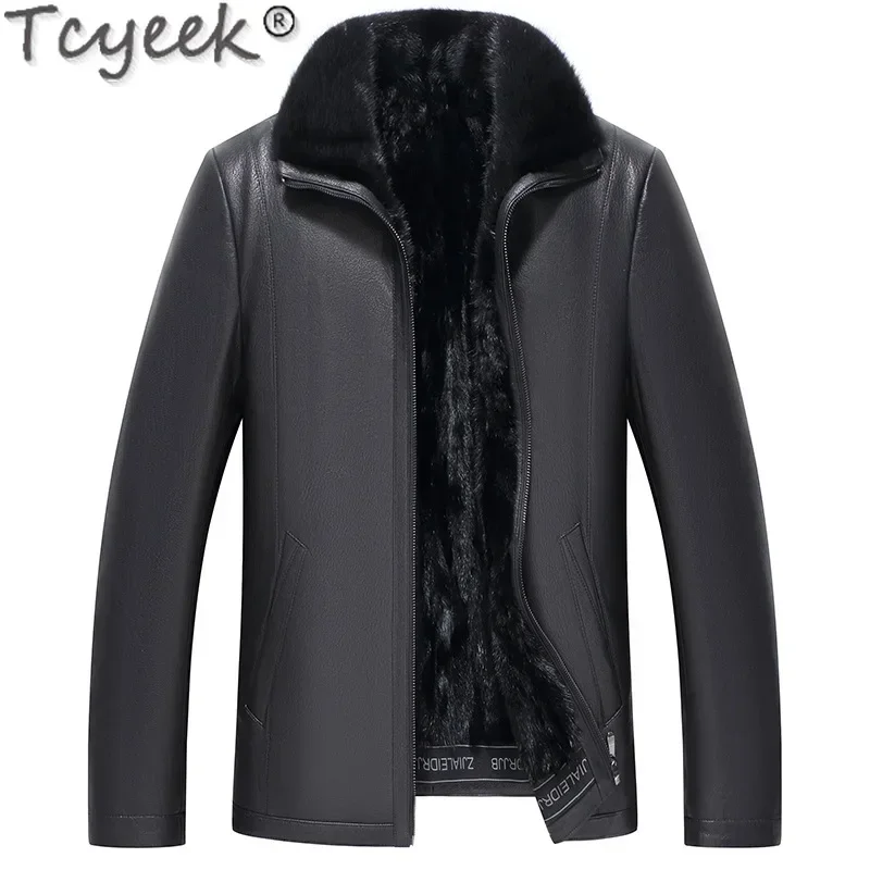 Tcyeek جلد الماعز سترة جلدية حقيقية رجال الأعمال عادية معطف الفرو الحقيقي جواكت شتوية 2025 معطف فرو المنك الدافئ ملابس رجالي