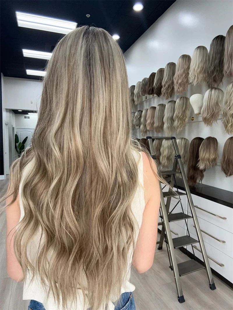 Pelucas delanteras de encaje ondulado para mujer, peluca con parte superior de encaje sintético sin pegamento, color rubio platino, a la moda, para uso diario en fiestas