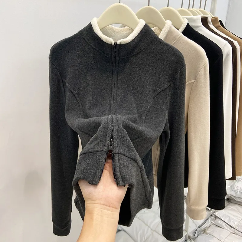 270g German Velvet Lamb Wool Spliced Stand Collar Brushed Long Sleeve T Shirt Double Zip Bottoming Top