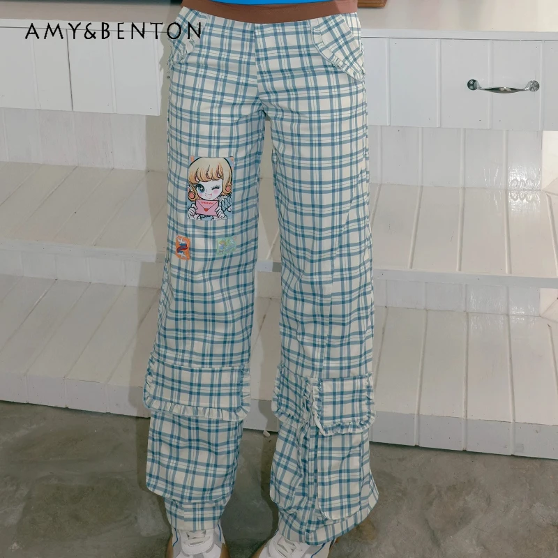 

Original Design Plaid Cartoon Lace Women's Trousers 2025 Summer New Tooling Pockets Slimming Versatile Thin Loose Pants Ladies