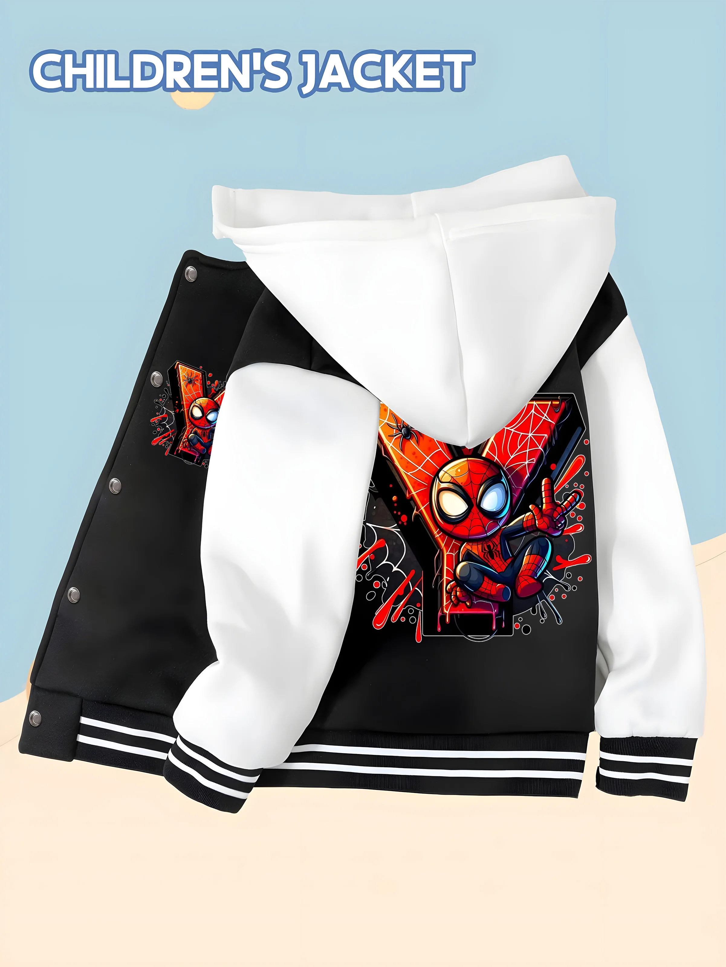 

MINISO Colorful ink-splashed Spider-Man children's baseball jacket with artistic print, hooded baseball style, comfortable and e