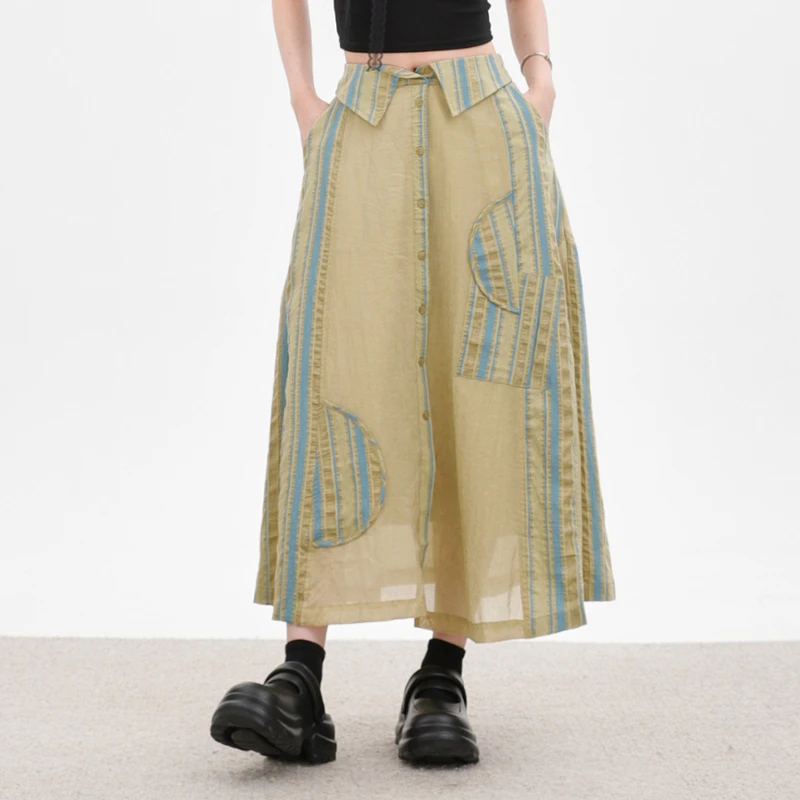 26 New Arrival Spring/summer Casual High Waist Striped Patchwork A-line Skirts Loose Design Ankle-length Long Skirts Women T169