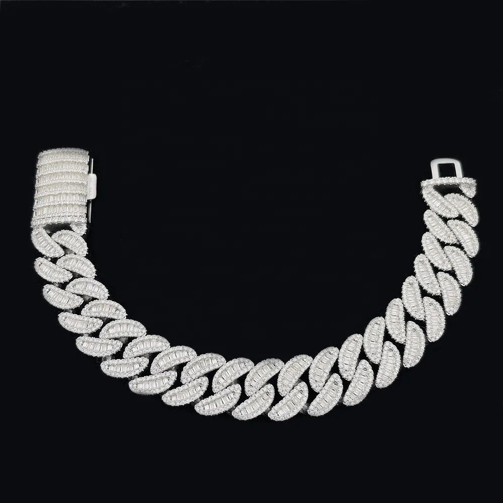 

Fully Iced Out Jewelry 925 Sterling Silver Gold Plated Vvs Moissanite 15mm Baguette Cuban Link Chain Icy Cuban Chain Necklace