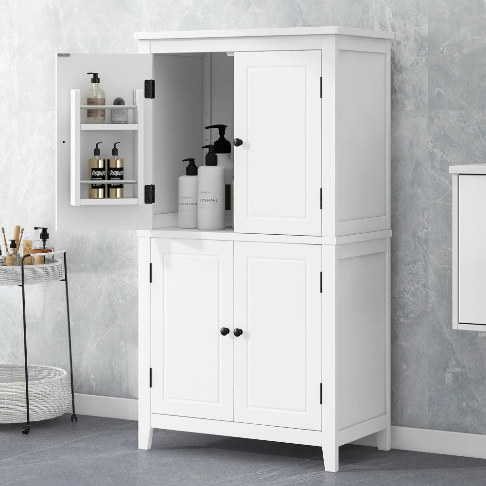 Elegant Bathroom Floor Storage Cabinet, Bathroom Storage Unit, Freestanding Cabinet with 4 Doors, Adjustable Shelves