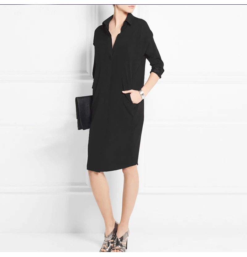 Primavera Verano 100% vestido de seda para mujer vestido camisero negro al aire libre Casual temperamento Simple vestido de mujer fresco y cómodo