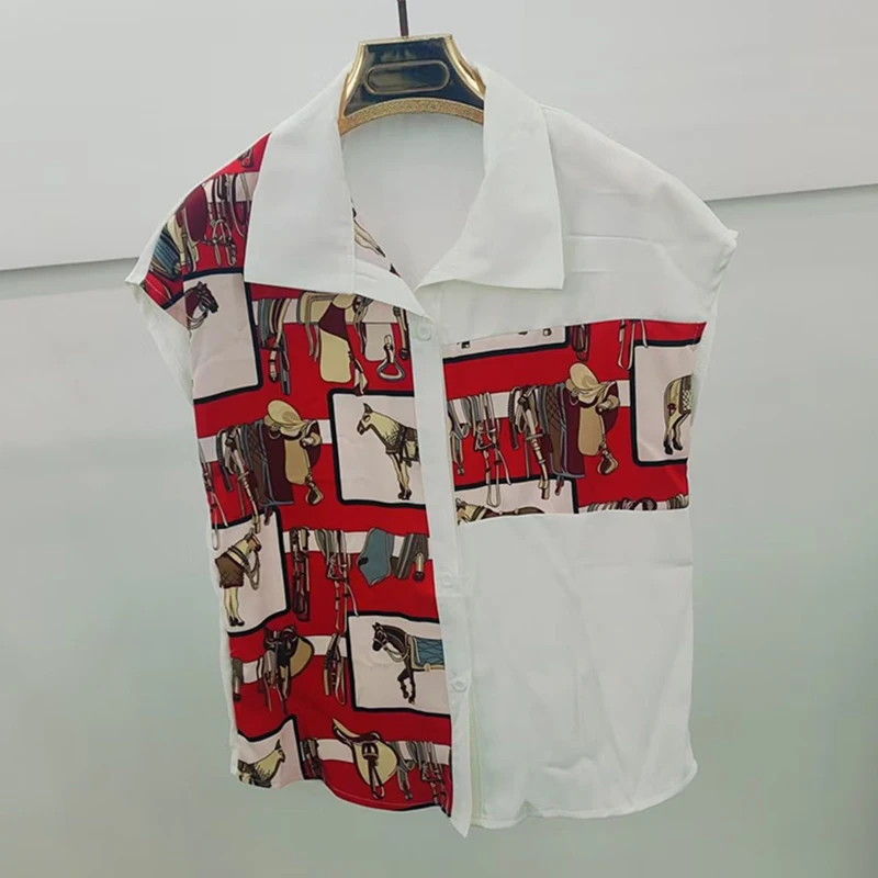 Mode revers bouton ample imprimé chemise asymétrique vêtements pour femmes 2025 été nouveaux hauts décontractés en mousseline de soie bureau dame Blouse