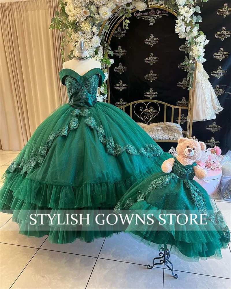 Vestido De oso De peluche personalizado para quinceañera, traje verde con escote Corazón, apliques De cuentas exquisitos, bata escalonada