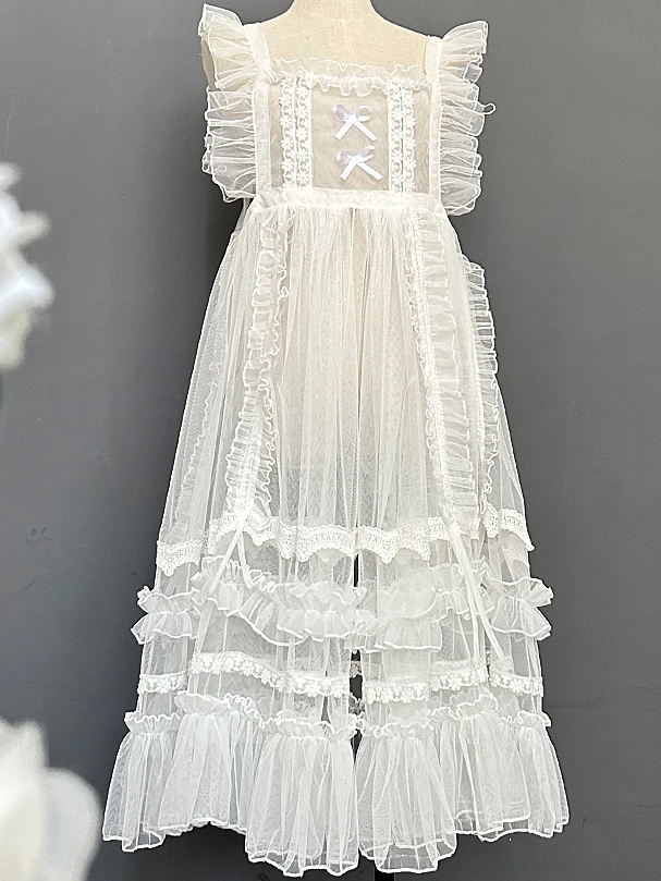 Süße Lolita Schürze transparente Mesh gekräuselte Kleid kleine frische Spitze Riemen Kleid weibliche Mori Super Fairy süße Abdeckung Rock