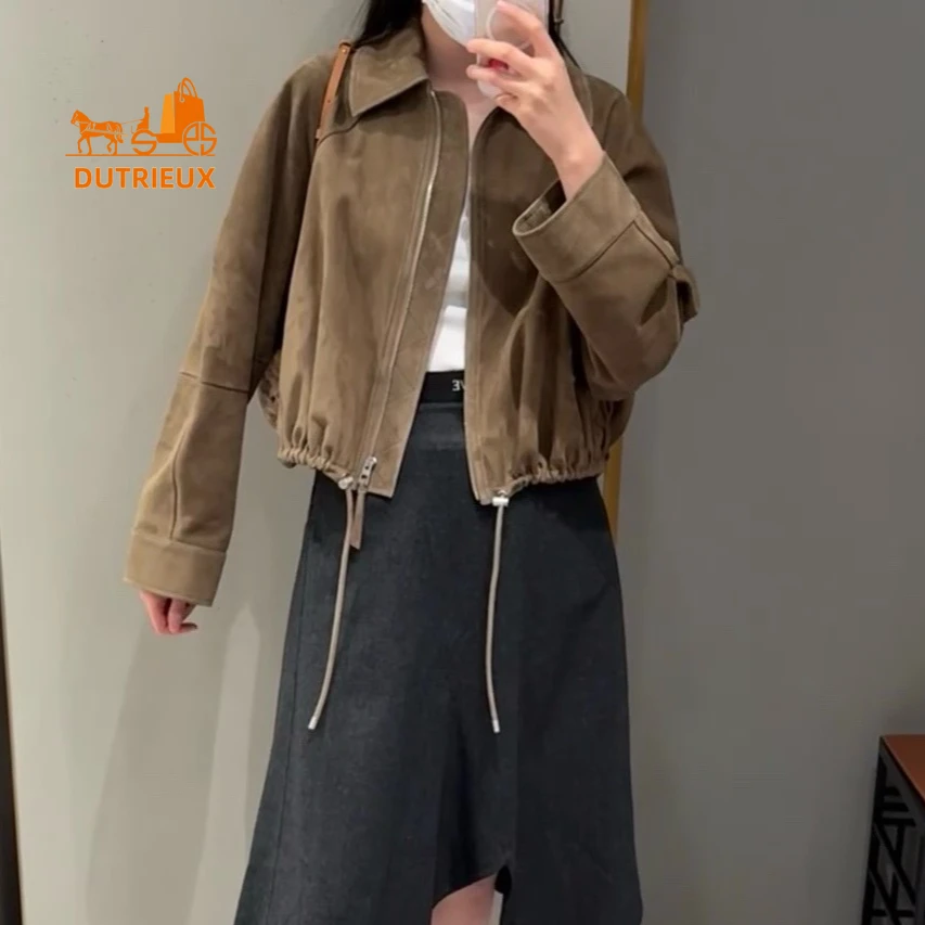 Winter Suede Leather Jacket Overzise Hem Leather Drawstring Design, 100% Goatskin Fabric Heavy Thick Women's Leather Jacket