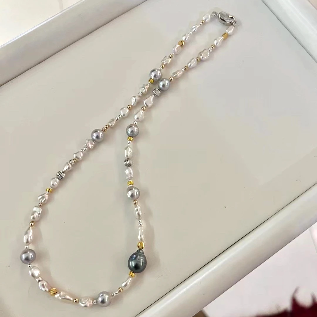 

Genuine Baroque Freshwater Pearl Akoya Pearl Tahitian Pearl Beaded Necklace with 925 Sterling Silver Fashion Necklace for Women