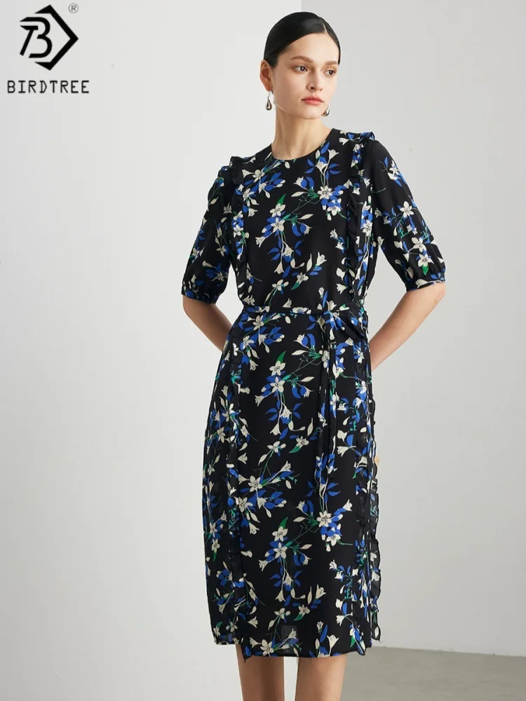 

Платье BirdTree из 100% шелка с принтом, с коротким рукавом и воланами на горловине, женское платье из двойного крепа, во французском стиле, новинка весны 2026, D64134JF
