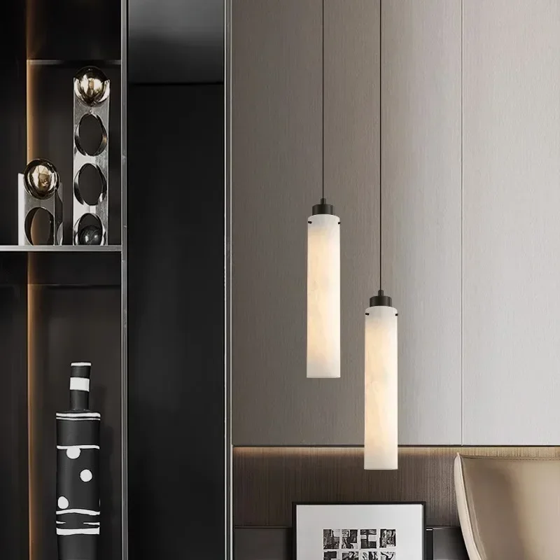 Modern Cylinder Marble Pendant Light Black Gold Hanging Lamp for Ceiling Bedside Dining Room