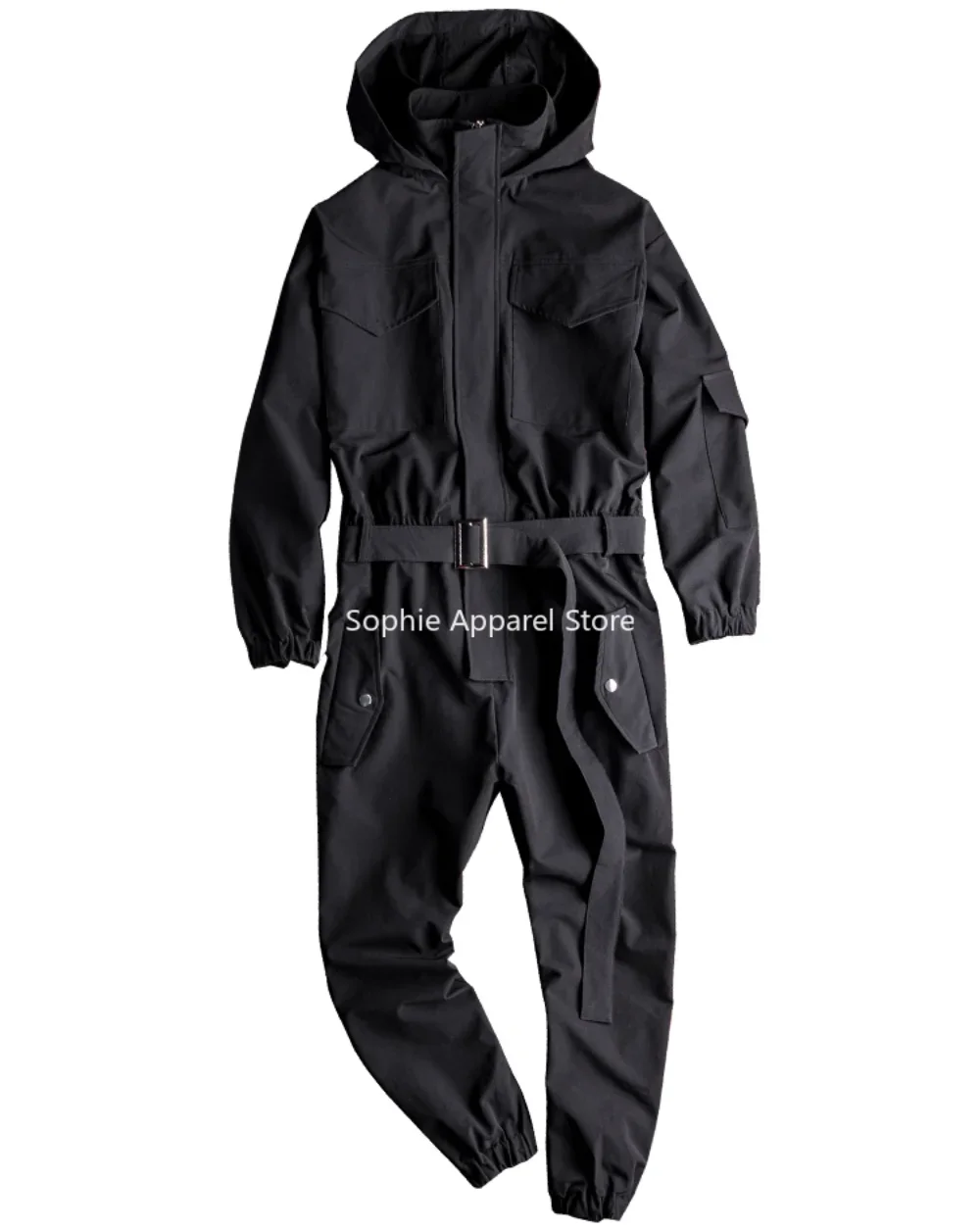 Men's Jumpsuit Summer Long Sleeve Hooded Multi-Pocket Beam Feet Overalls Streetwear Clothes Cargo Pants Hip Hop Black Trousers