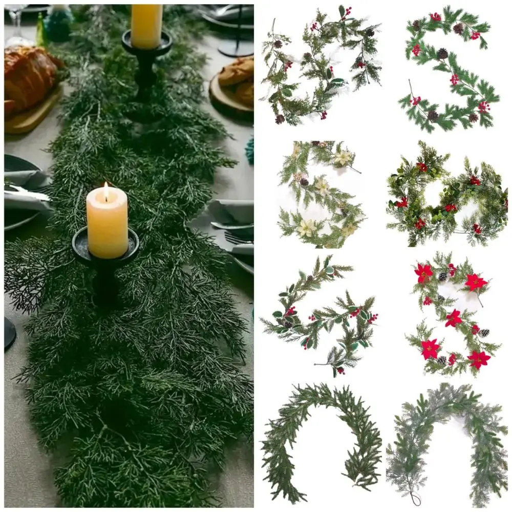 Green Christmas Garland 150cm/180cm Plastic Lifelike Flower Vine Fireplace Stairs Decoration Xmas Tree Ornament