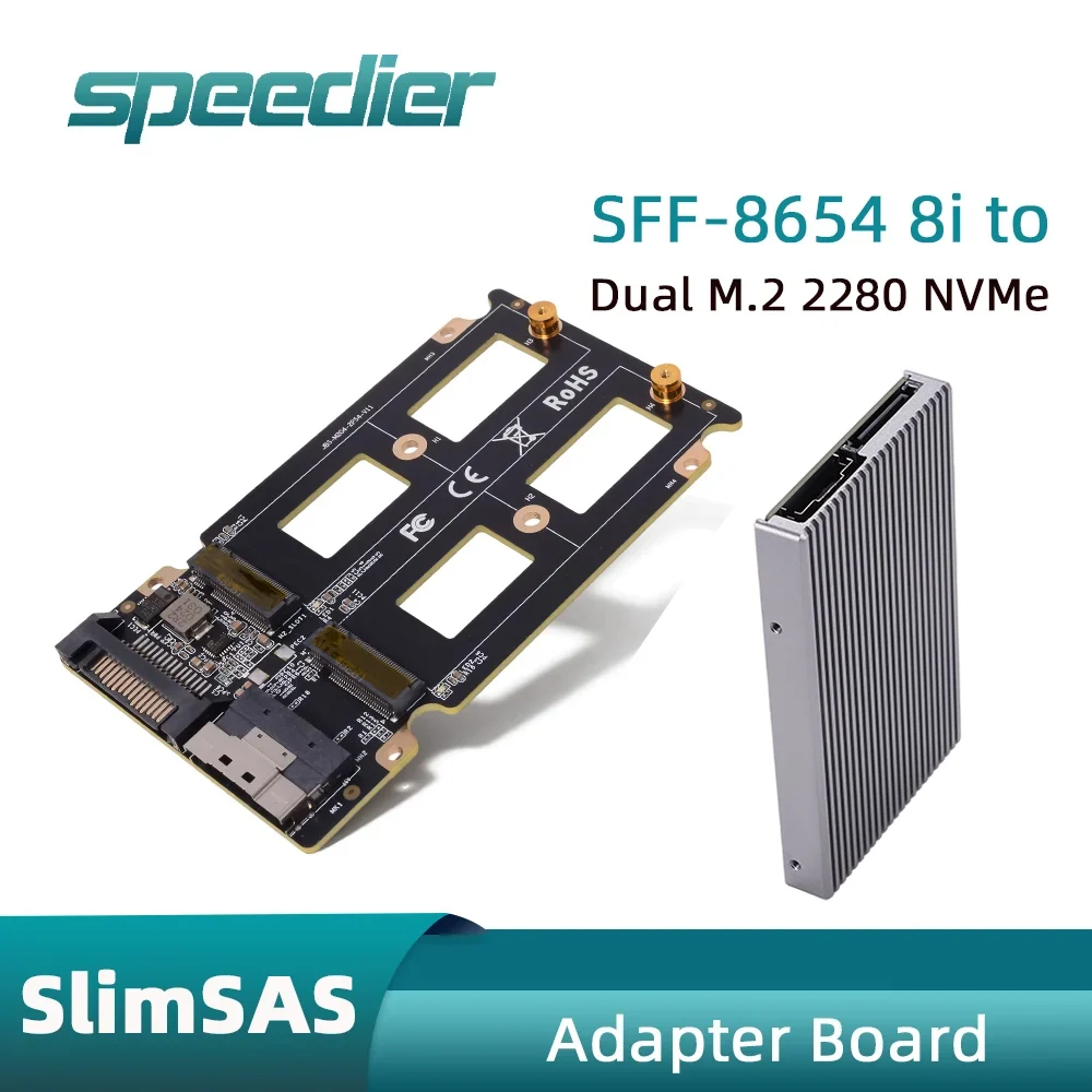 SlimSAS / MCIO to Dual M.2 NVMe 2280 Adapter Aluminum Enclosure PCIe 4.0 / 5.0 Gen4/ Gen5 2x NVMe SSD Converter Card High Speed