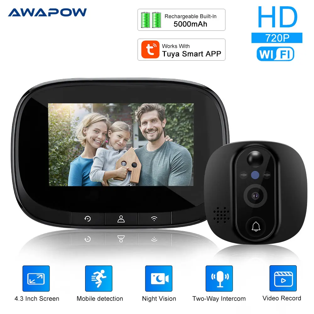 

Видеоглазок Awapow Tuya с Wi-Fi, 720P, 4,3 дюйма, ночное видение