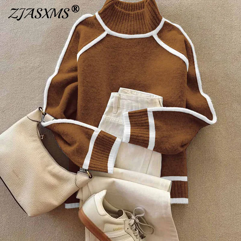 

Autumn Winter Rib Turtleneck Women's Sweater Retro Contrast Color Knitwear Top Pullovers Casual Long Sleeve Warm Female Clothing