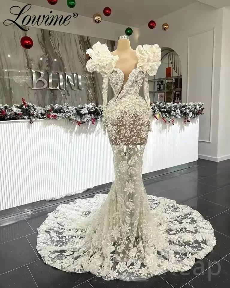 

Lace Floral Mermaid Prom Dresses Arabic Pearl Long Wedding Party Dress Customized Elegant Nigeria Evening Gowns Robe De Soiree