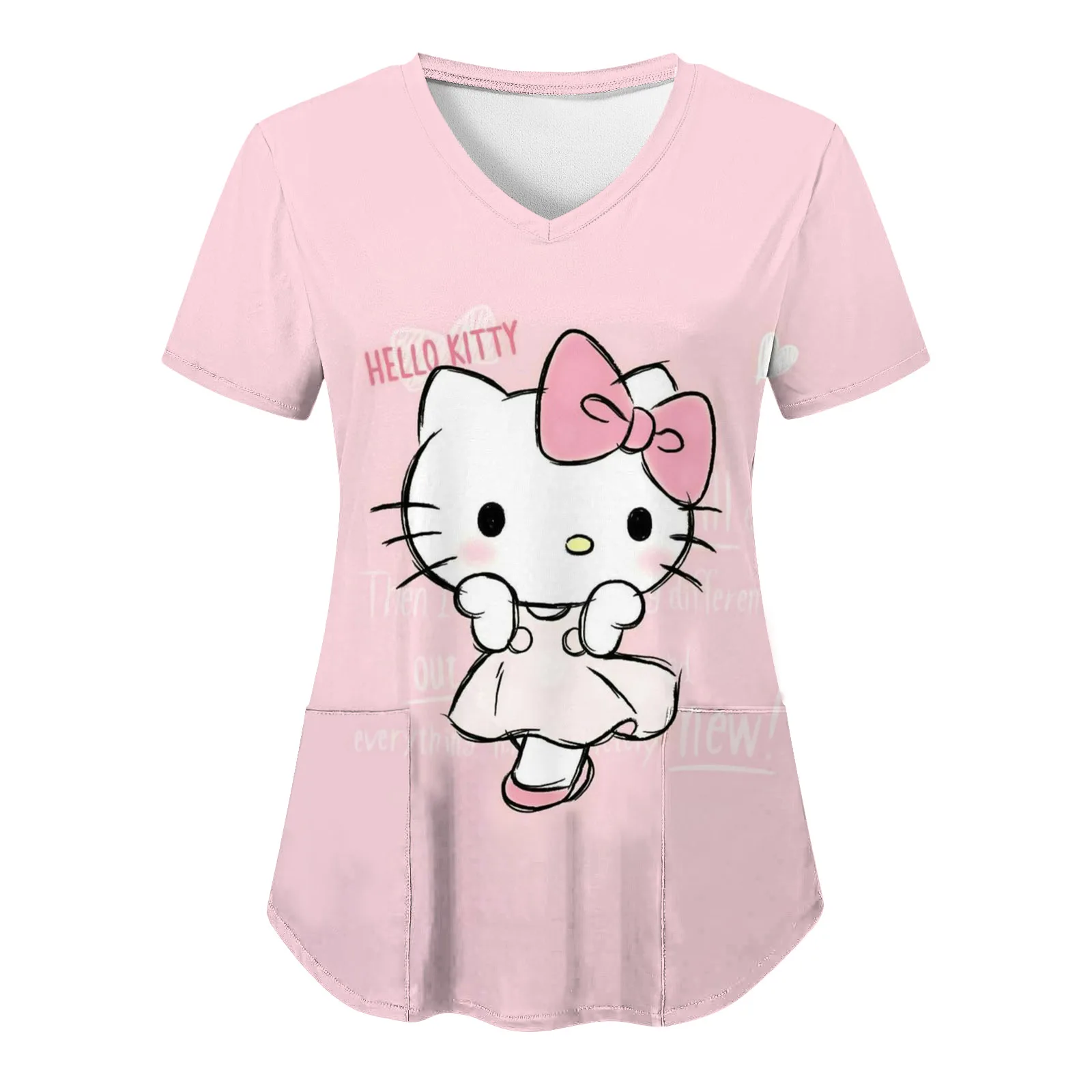 Sanrio Woman Nurse Uniform Hello Kitty Top Women T-shir T Shirt V Neck Short Sleeve 3D Print Pocket Fashion Hospital Trendy Neck