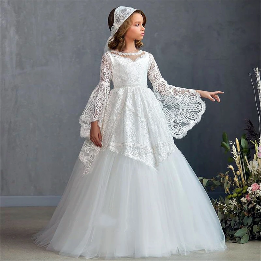 

Elegant White Lace Flower Girl Dress for Wedding Applique Full Sleeves Tulle First Communion Kids Birthday Gift Party Ball Gowns