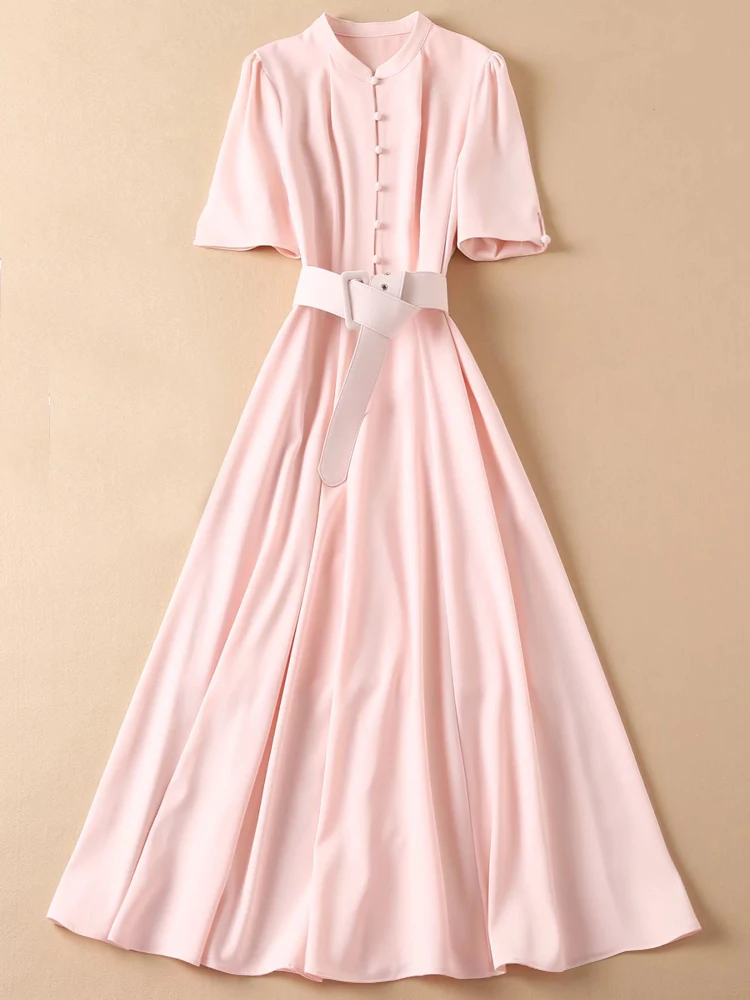 Kate Princess Summer New Women\'s Short Sleeve Pink Dress Fashion Elegant Party Casual Office High Quality Belt Slim Midi Dresses