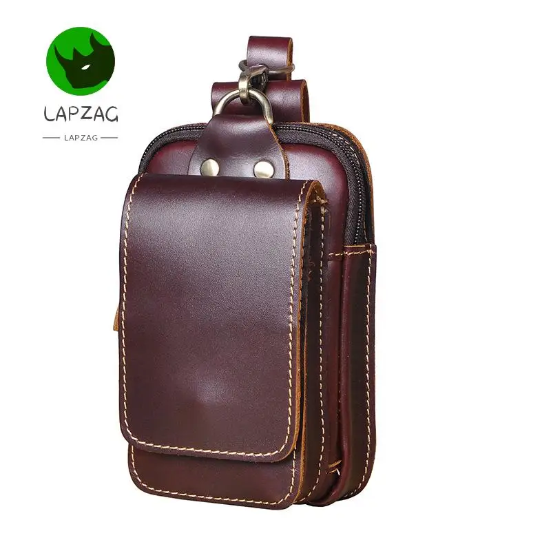 Crazy Horse tas pinggang kulit pria, tas pinggang gaya Vintage untuk pria, kamera ponsel luar ruangan 6 "dengan kait