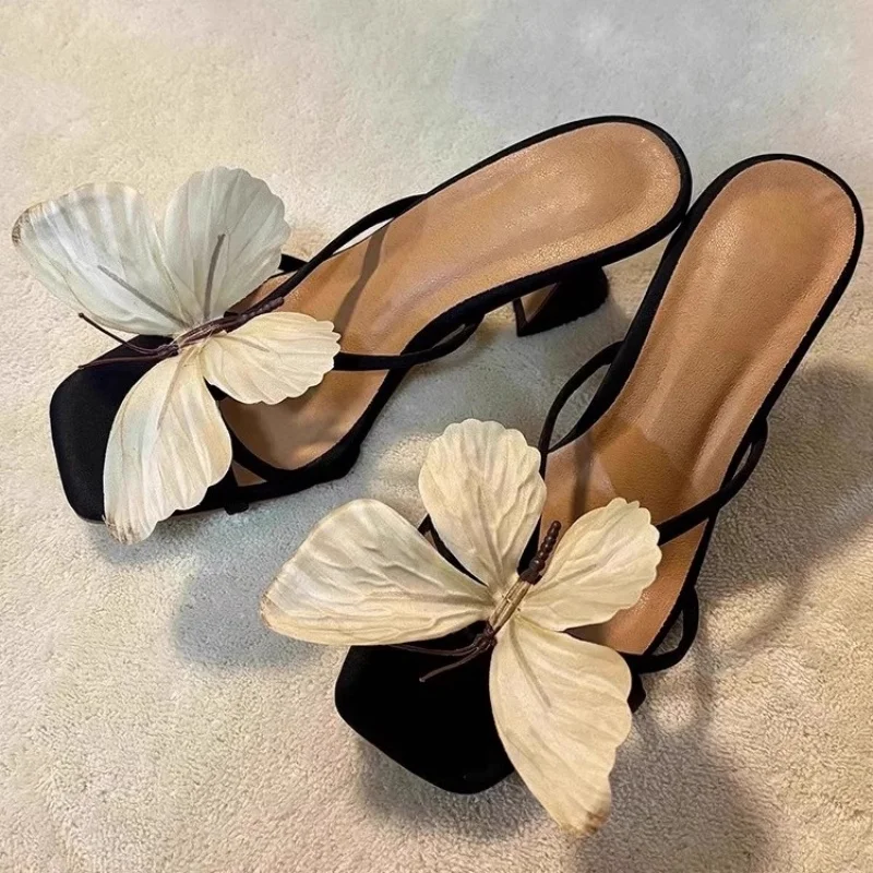 

2025 Summer New Women's Outdoor Slippers Genuine Leather Square Toe Shaped Heel Butterfly Elegant Sexy Dress High Heel Sandals