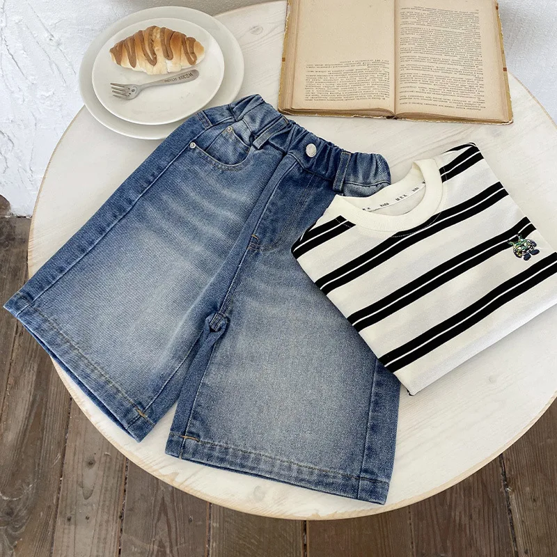 Children's clothing Boys' denim shorts 2025 summer new products medium and large children's loose five-point pants