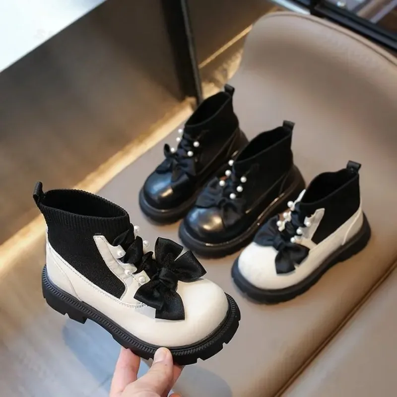 

Girls Sock Boots Kids Ankle Boots Non-slip Fashion Bowknot Pearls UK Uniform Children School Shoes Casual Princess Short Boots